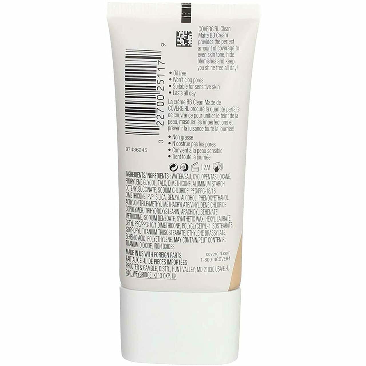 COVERGIRL - Clean Matte BB Cream, Oil-Free, Long-Lasting, Sensitive Skin, Lightweight, 100% Cruelty-Free