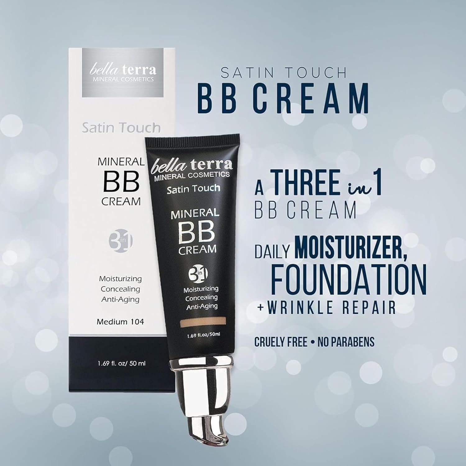 Bellaterra Cosmetics BB Cream - Tinted Moisturizer & Mineral Foundation Makeup, Medium 104 - Lightweight, Oil-Free, Buildable Coverage, Matte Finish, Anti-Aging Concealer, Clean Beauty, 1.69 oz