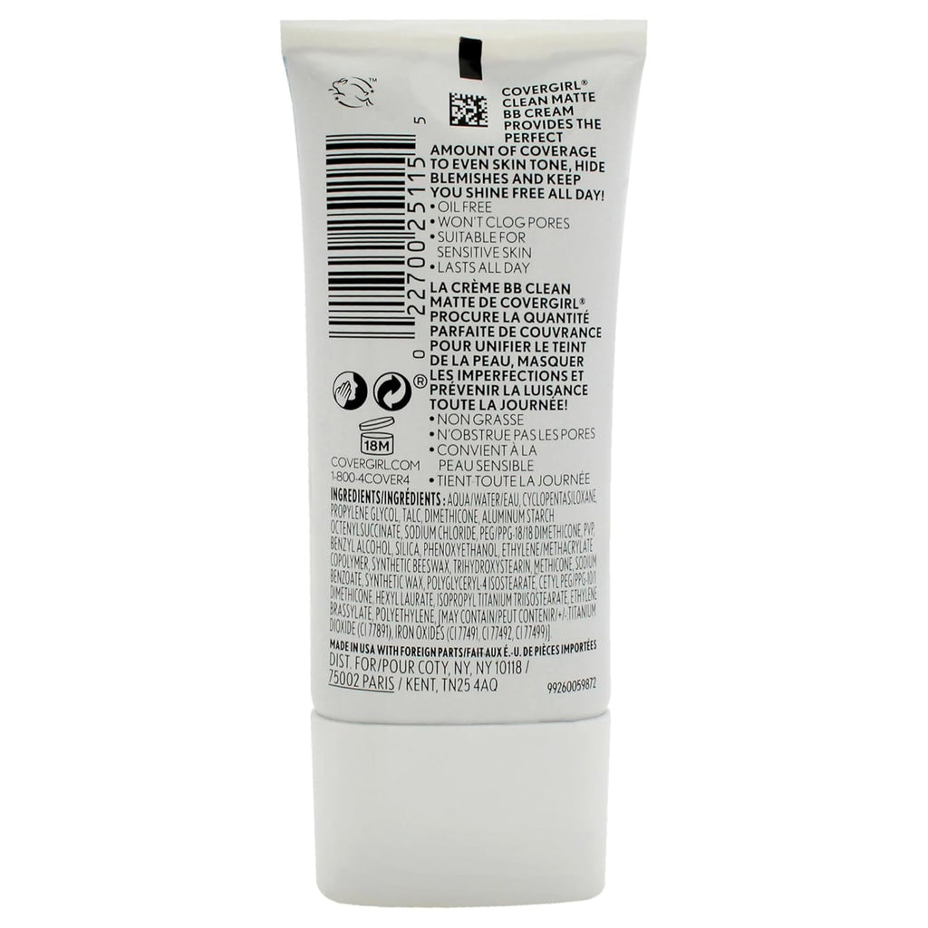 COVERGIRL - Clean Matte BB Cream, Oil-Free, Long-Lasting, Sensitive Skin, Lightweight, 100% Cruelty-Free