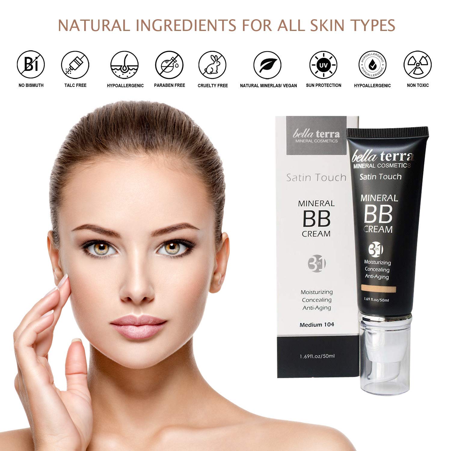 Bellaterra Cosmetics BB Cream - Tinted Moisturizer & Mineral Foundation Makeup, Medium 104 - Lightweight, Oil-Free, Buildable Coverage, Matte Finish, Anti-Aging Concealer, Clean Beauty, 1.69 oz