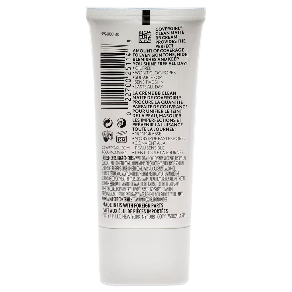 COVERGIRL - Clean Matte BB Cream, Oil-Free, Long-Lasting, Sensitive Skin, Lightweight, 100% Cruelty-Free
