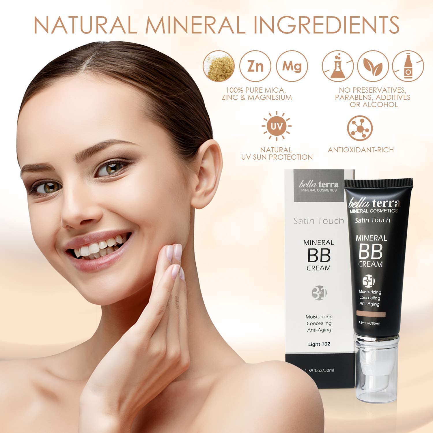 Bellaterra Cosmetics BB Cream - Tinted Moisturizer & Mineral Foundation Makeup, Medium 104 - Lightweight, Oil-Free, Buildable Coverage, Matte Finish, Anti-Aging Concealer, Clean Beauty, 1.69 oz
