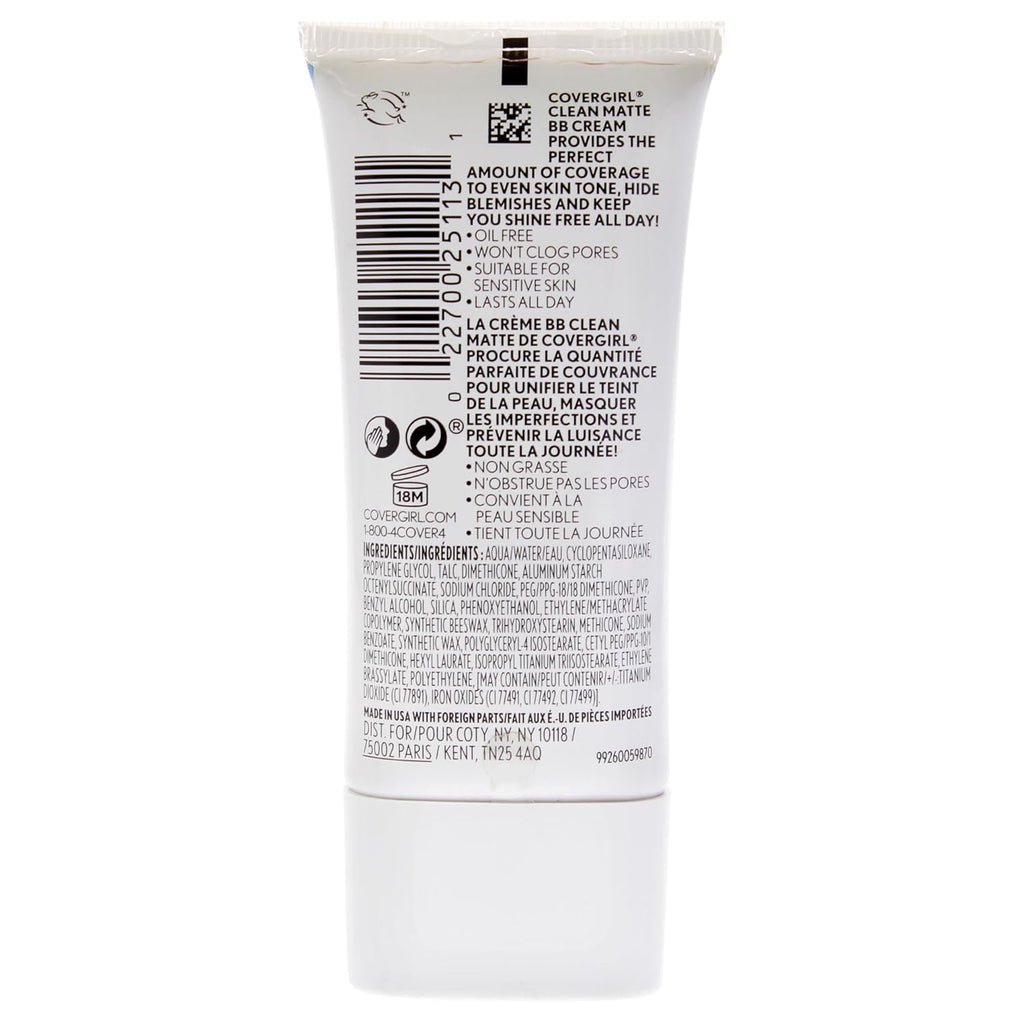 COVERGIRL - Clean Matte BB Cream, Oil-Free, Long-Lasting, Sensitive Skin, Lightweight, 100% Cruelty-Free