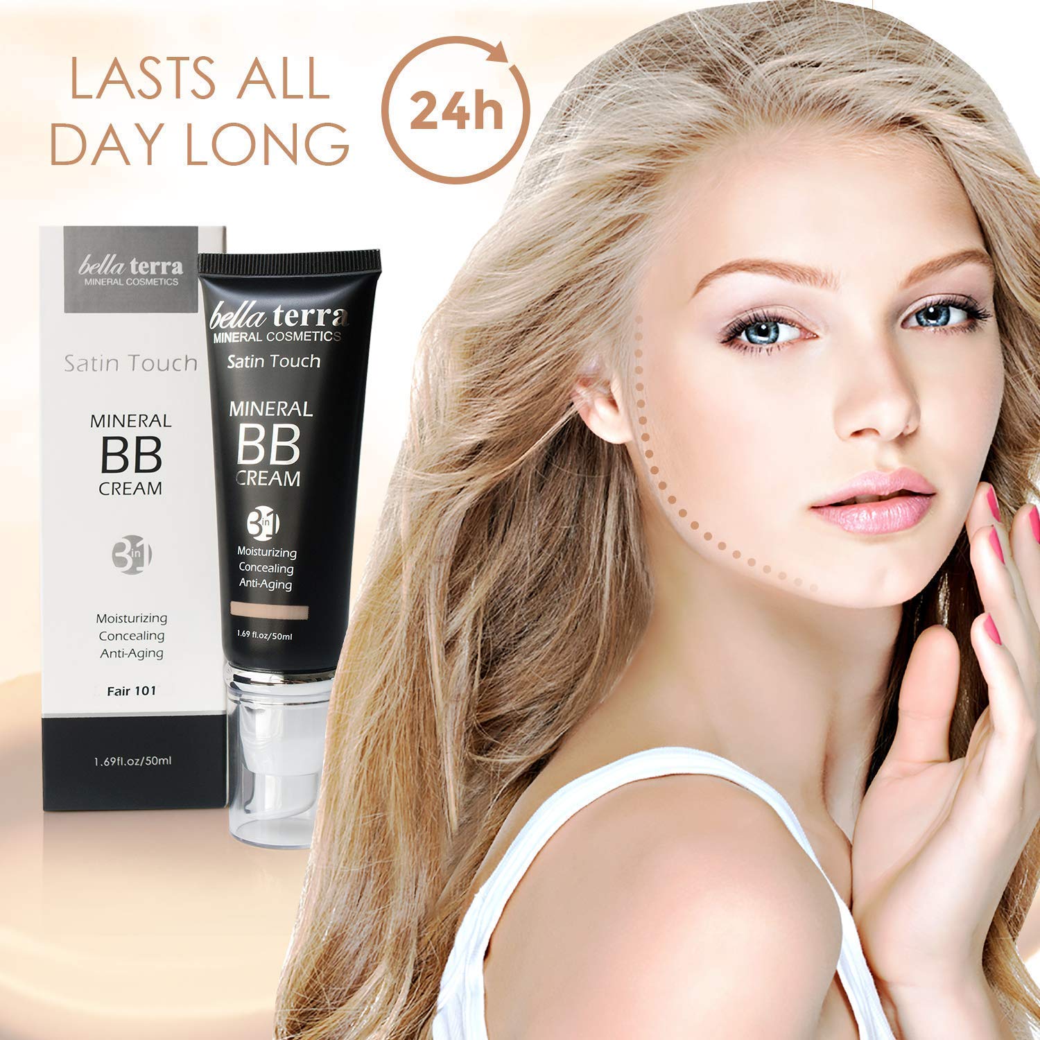 Bellaterra Cosmetics BB Cream - Tinted Moisturizer & Mineral Foundation Makeup, Medium 104 - Lightweight, Oil-Free, Buildable Coverage, Matte Finish, Anti-Aging Concealer, Clean Beauty, 1.69 oz