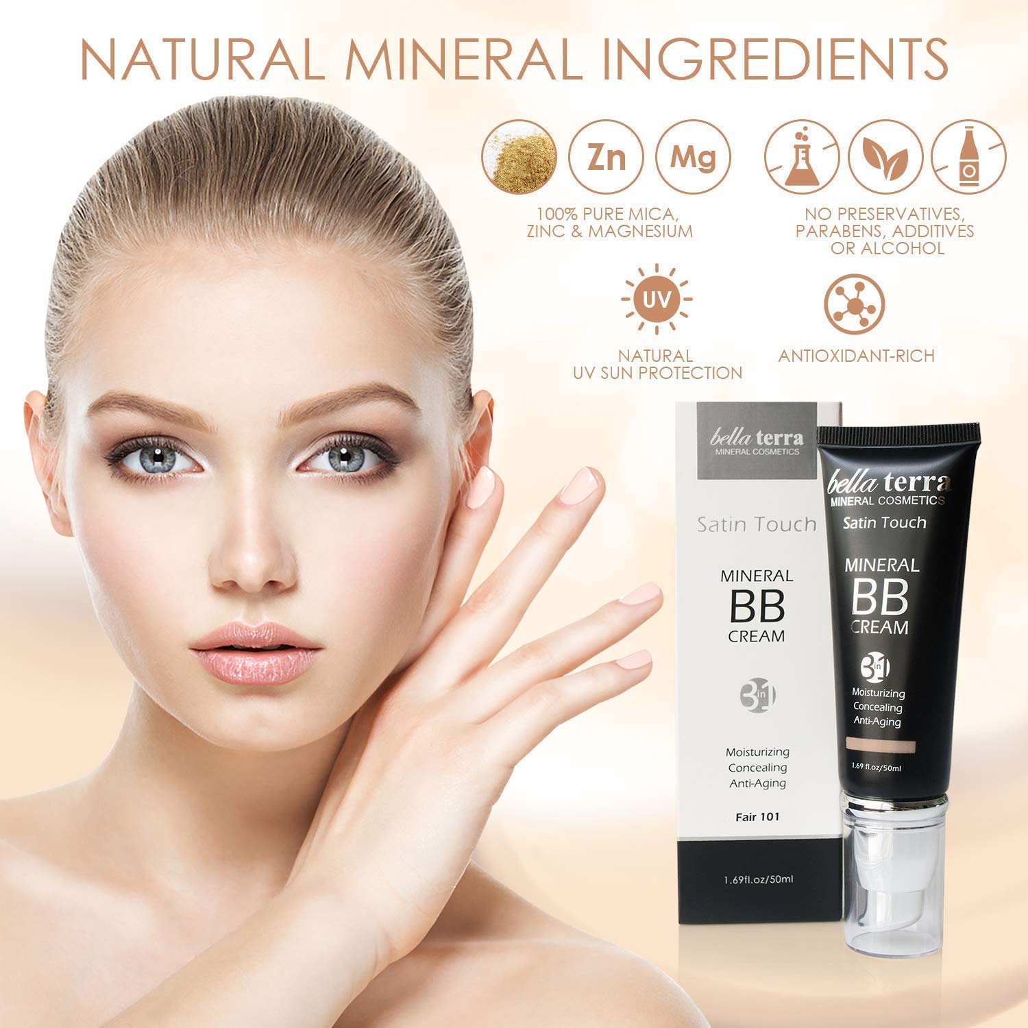 Bellaterra Cosmetics BB Cream - Tinted Moisturizer & Mineral Foundation Makeup, Medium 104 - Lightweight, Oil-Free, Buildable Coverage, Matte Finish, Anti-Aging Concealer, Clean Beauty, 1.69 oz