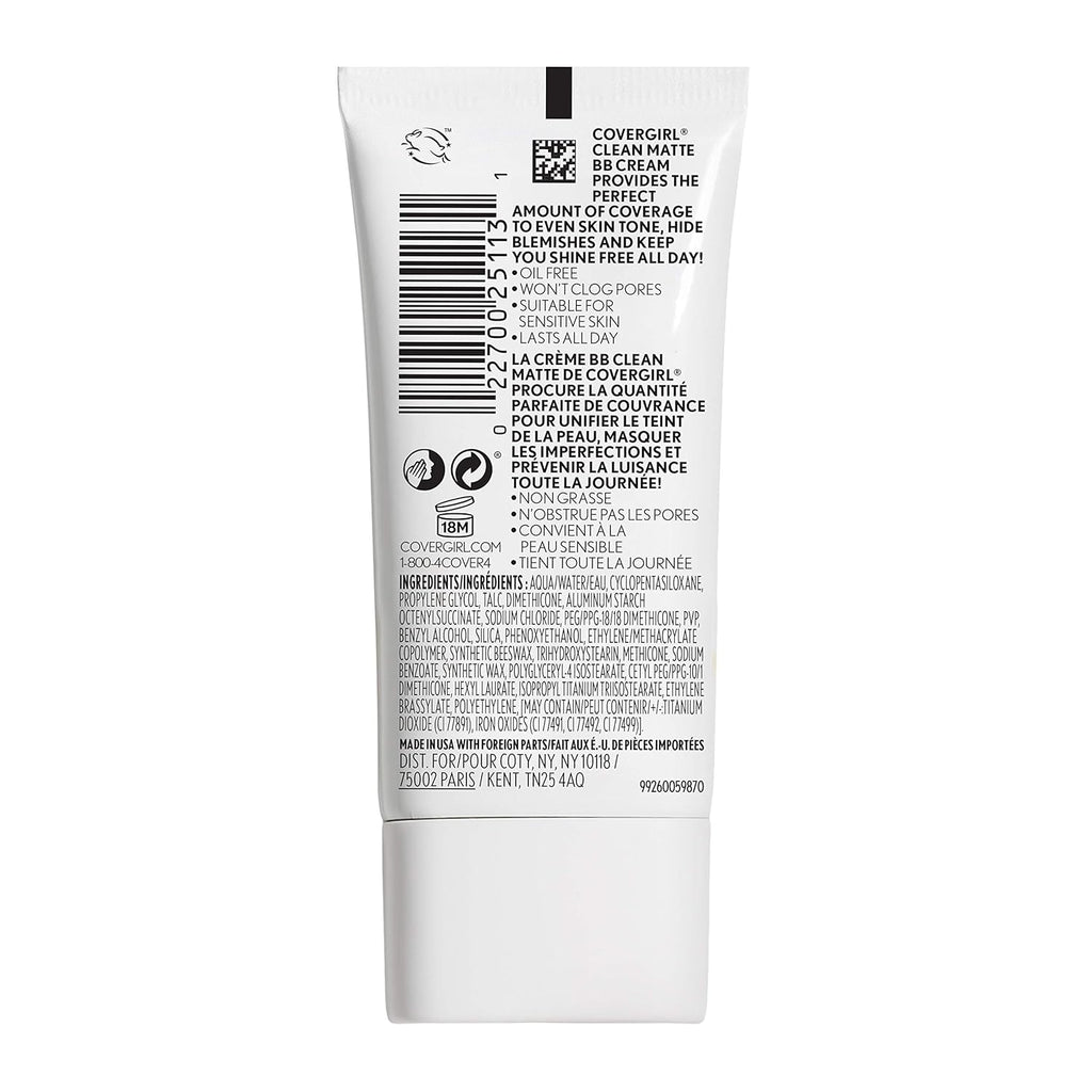 COVERGIRL - Clean Matte BB Cream, Oil-Free, Long-Lasting, Sensitive Skin, Lightweight, 100% Cruelty-Free